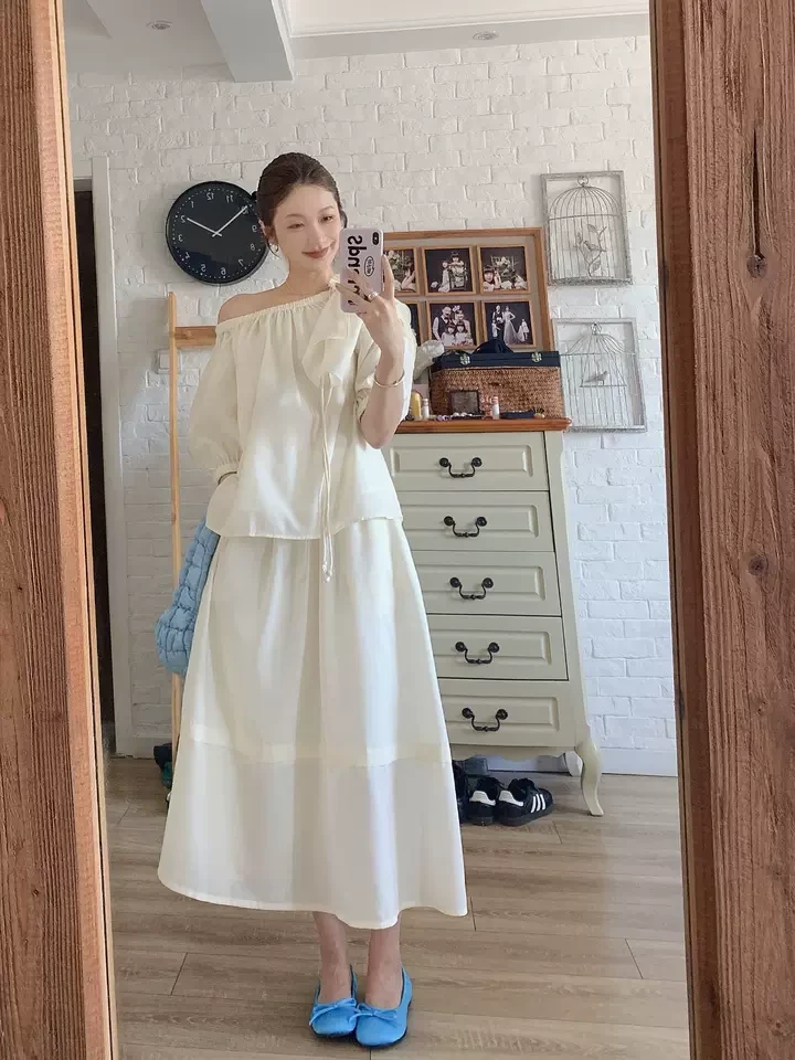 亲妈~2025夏季新款天丝羊毛混纺一字领套装衬衫女夏装泡泡袖上衣