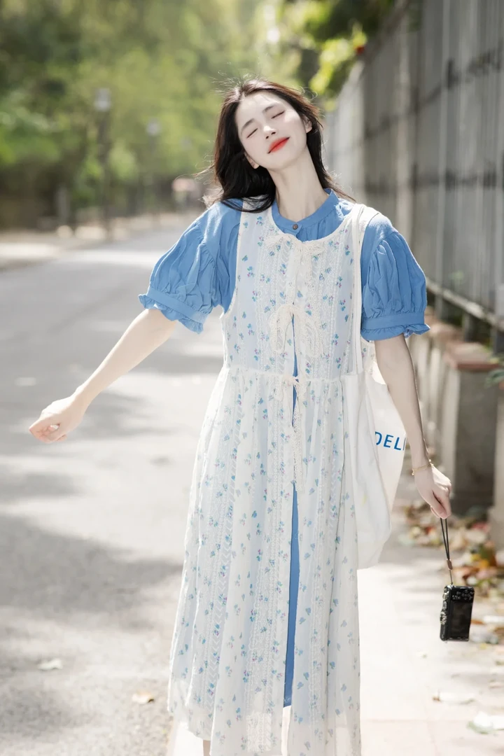 夏装森系穿搭一整套减龄小个子日系蓝色连衣裙碎花罩衫叠穿套装女