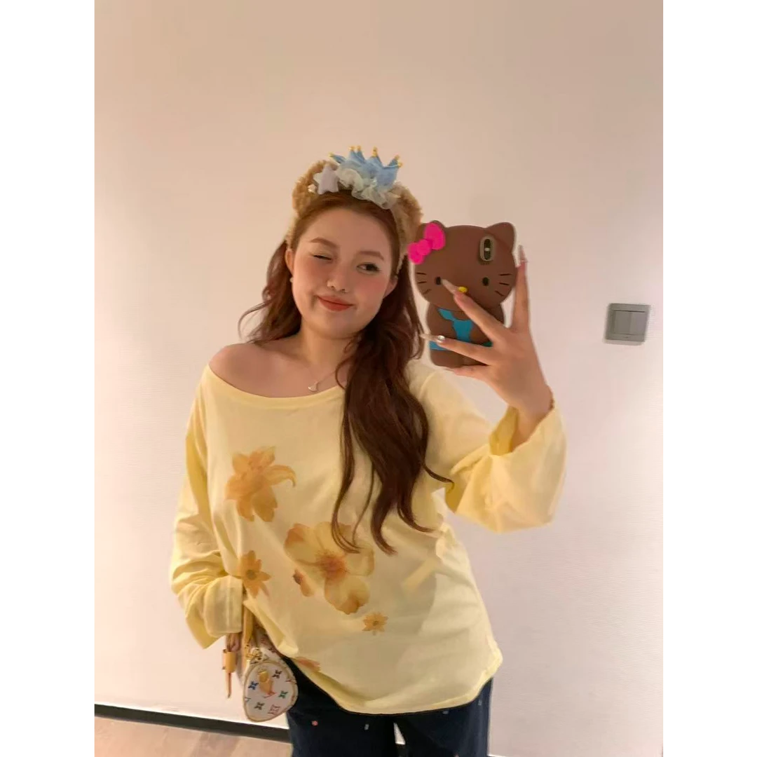 慧芝huizhi HZ034花花斜肩长袖 定制款 雪花棉透气遮肉长袖上衣