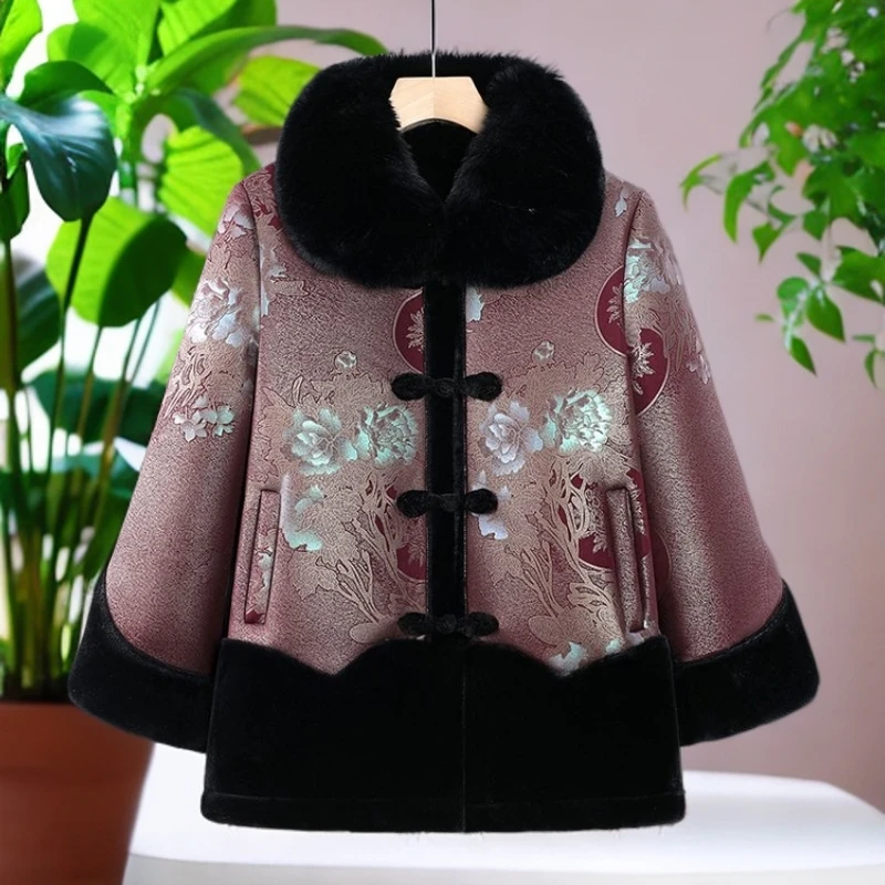 中老年女装毛领冬装加绒加厚保暖秋冬中长款妈妈装气质W212