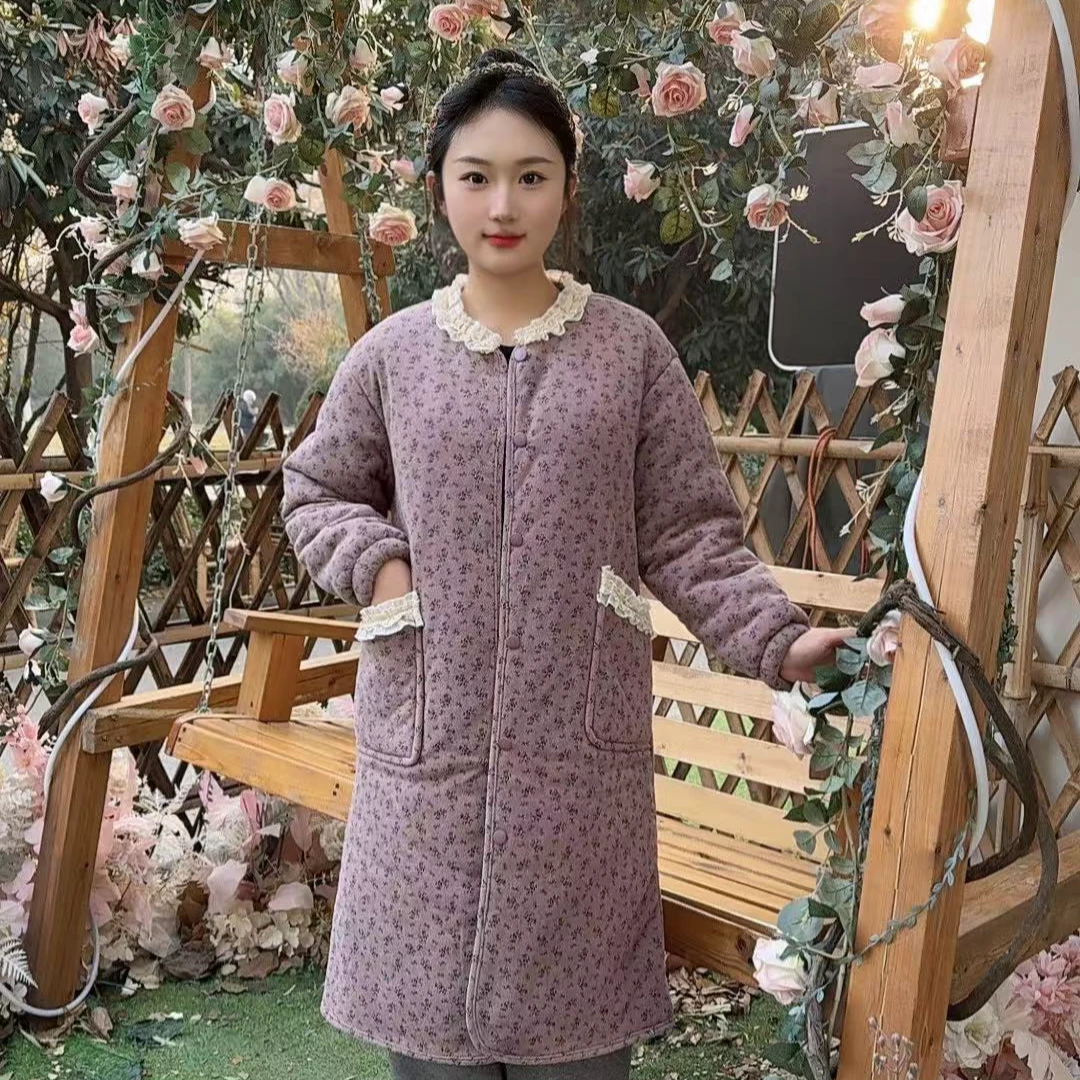 三层加厚夹棉中长款碎花圆花边领可外穿家居服女装网红外穿家居服