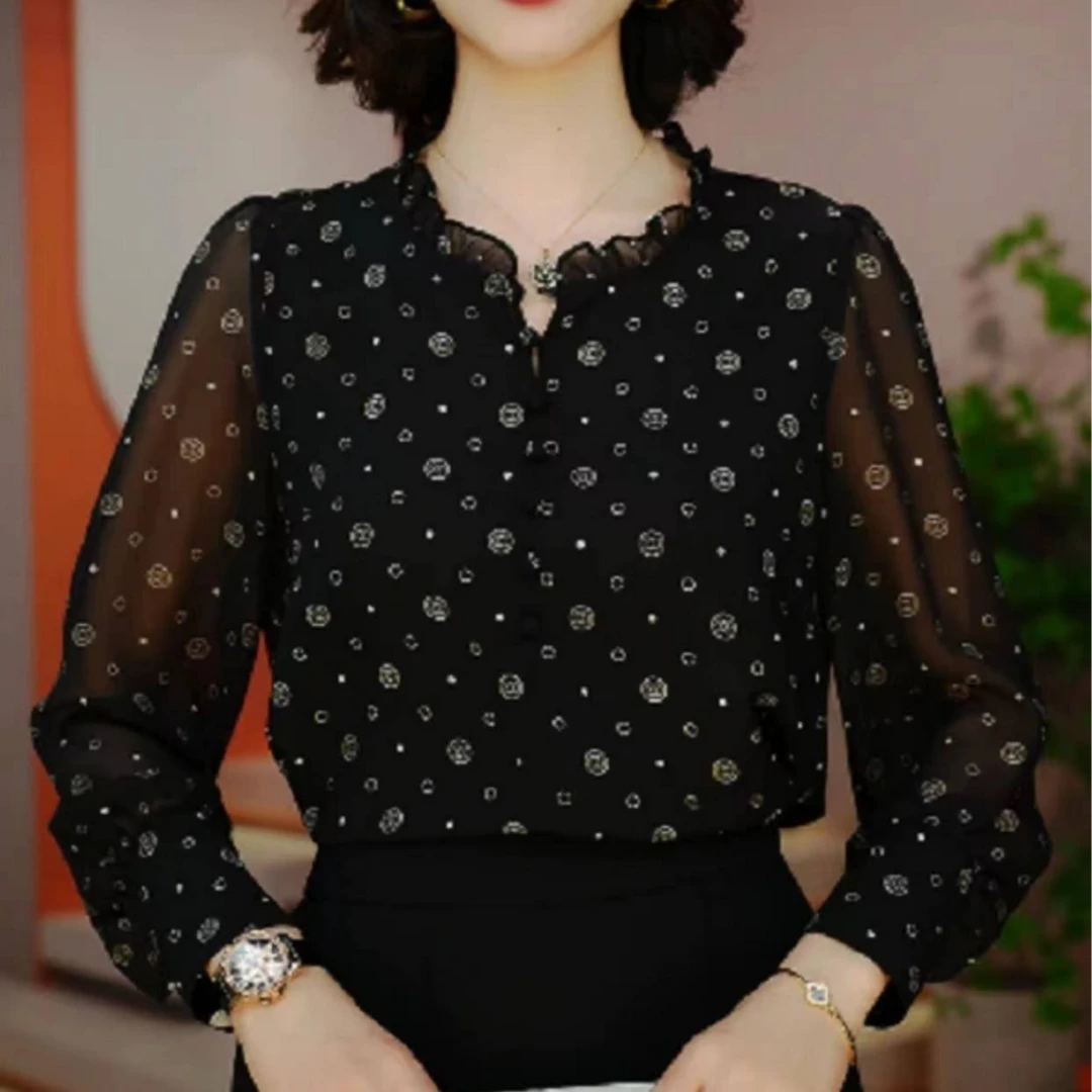 2024高端长袖时尚上衣女显瘦显白百搭印花圆领减龄小衫