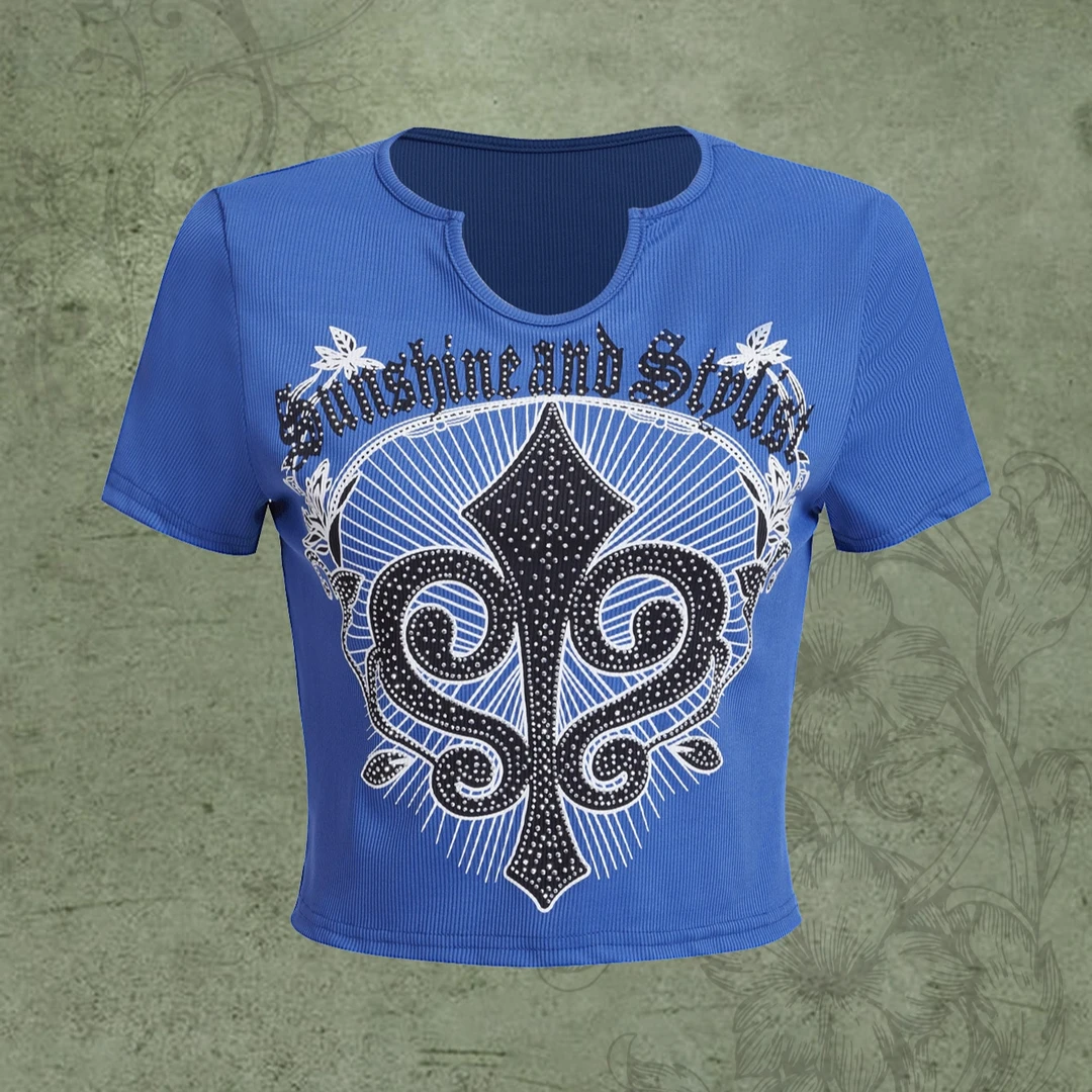 蓝色短款烫钻印花上衣