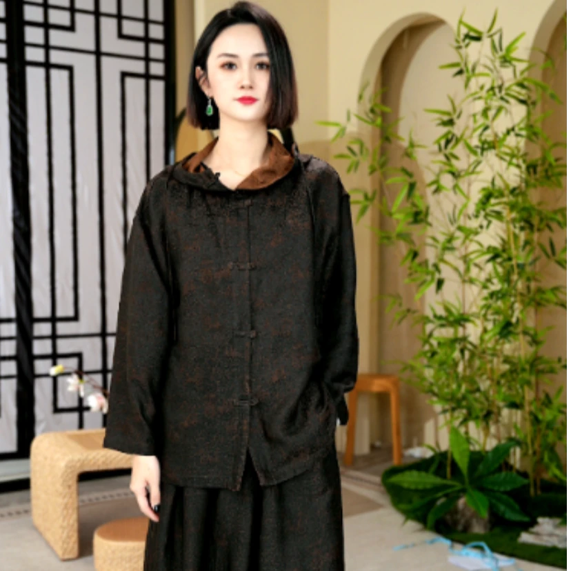 （LL）香云纱桑蚕丝双面双穿老料提花纹连帽上衣A-TY-24107