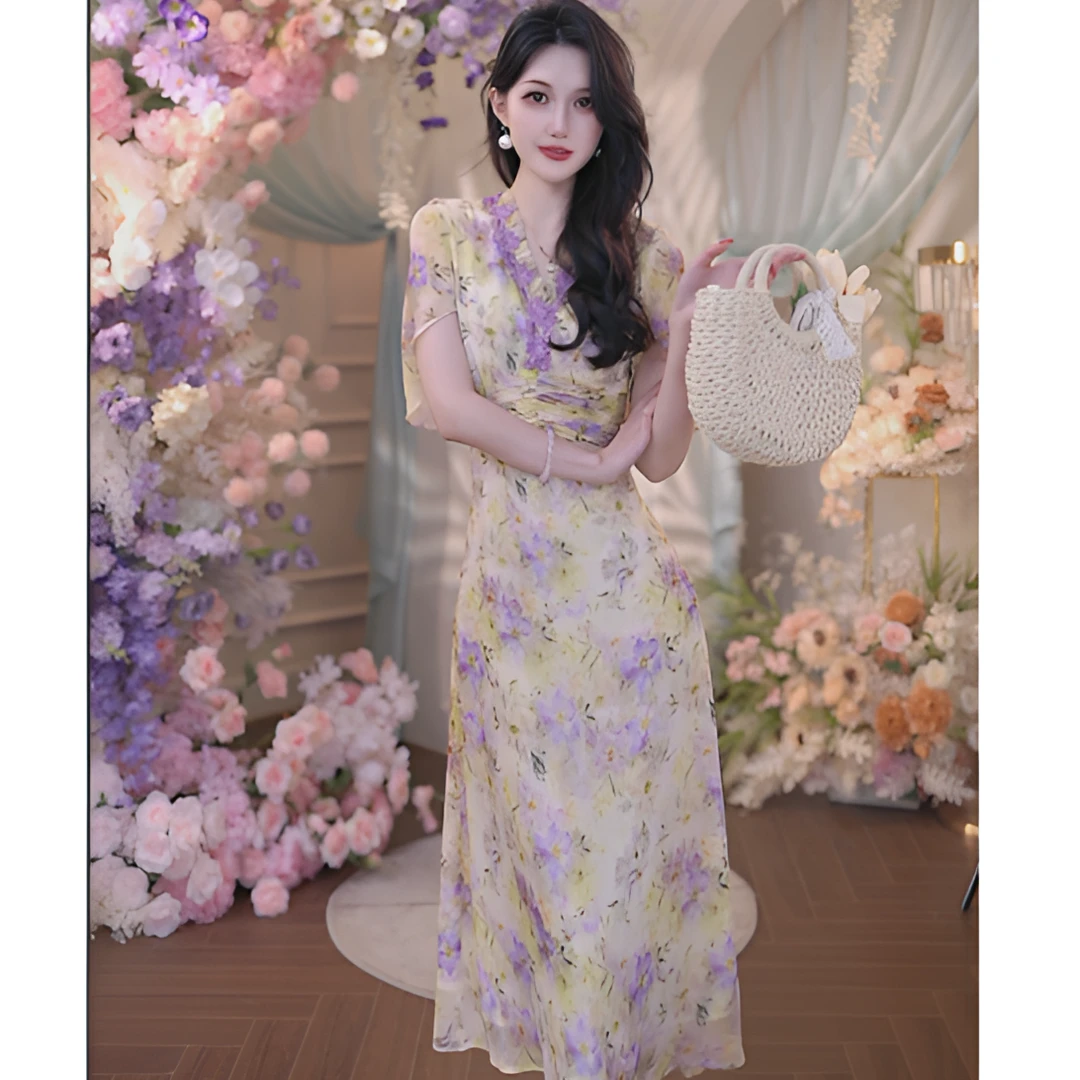 夏季新款女装时尚气质修身显瘦轻奢名媛裙子碎花法式连衣裙6273