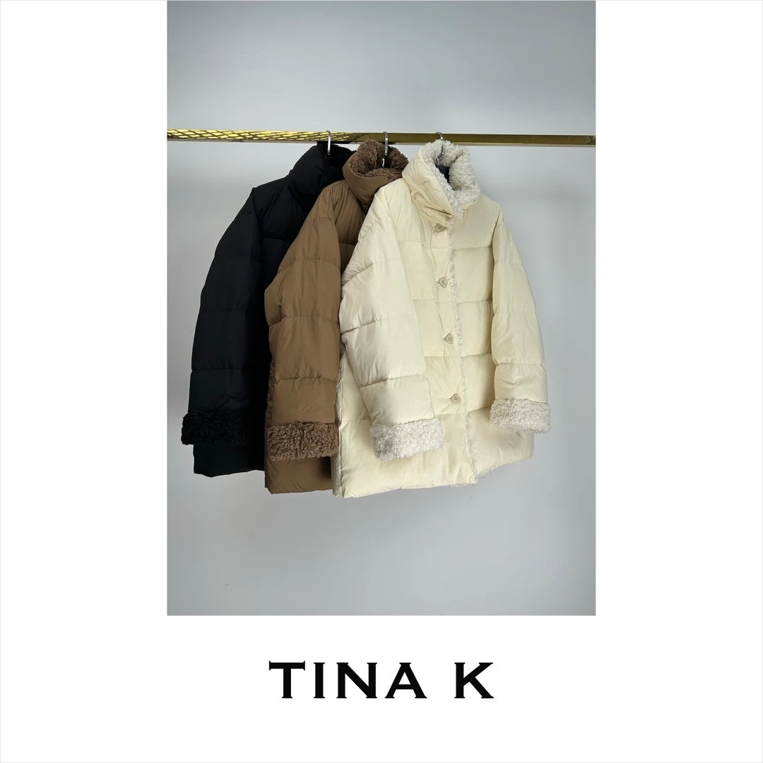 TinaK拼接羊羔毛中长款立领羽绒服气质百搭设计师冬季YR224143
