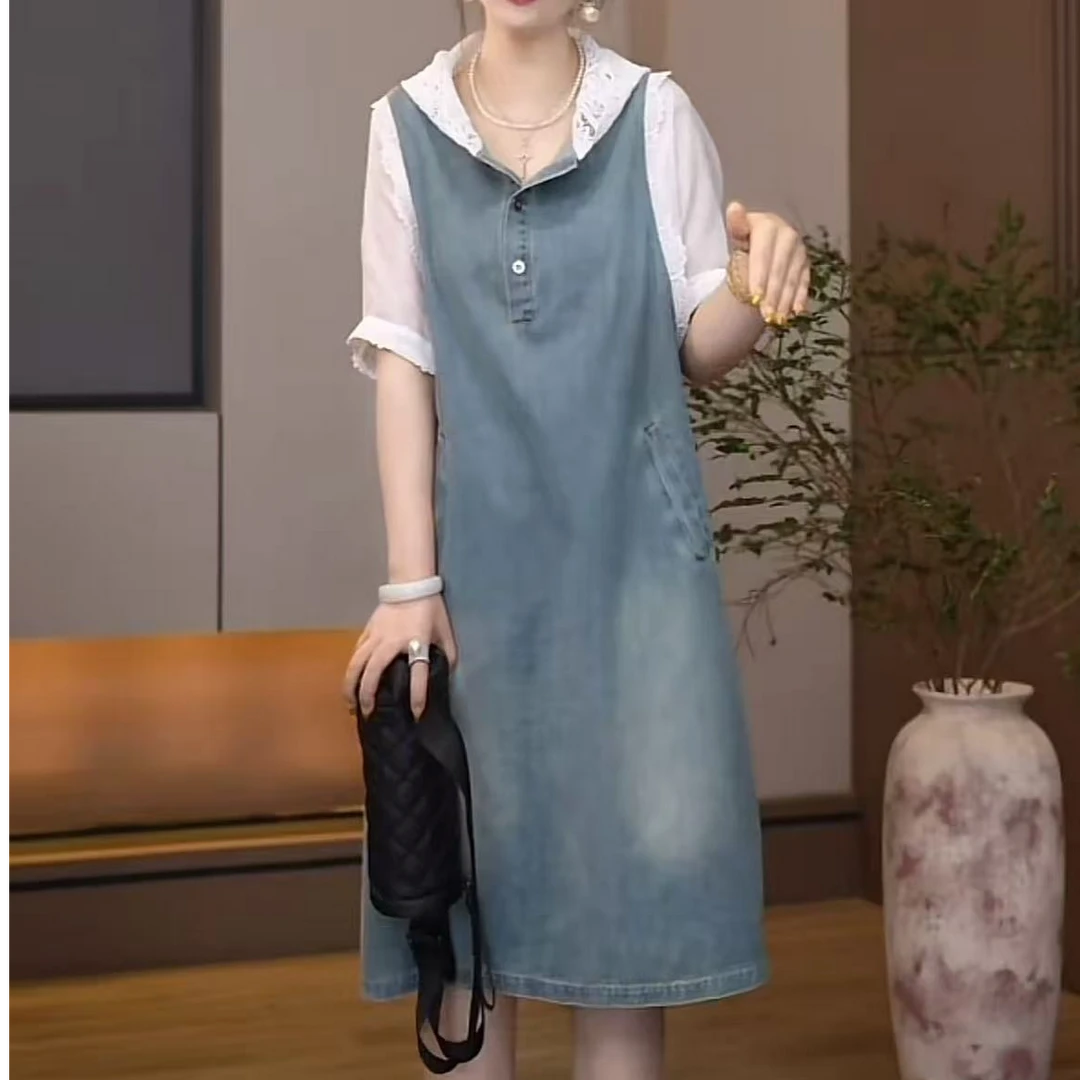 8877-夏季新款韩版2025宽松休闲大码拼色连帽牛仔连衣裙裙子女