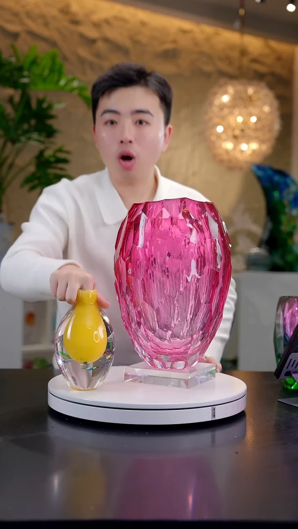 手工艺品琉璃辣*妹金红色凹切面设计款花器+底座+香薰瓶