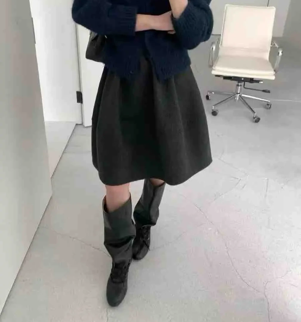 8626松紧腰花苞毛呢中裙女秋冬新款遮跨小个子伞裙不过膝半身裙