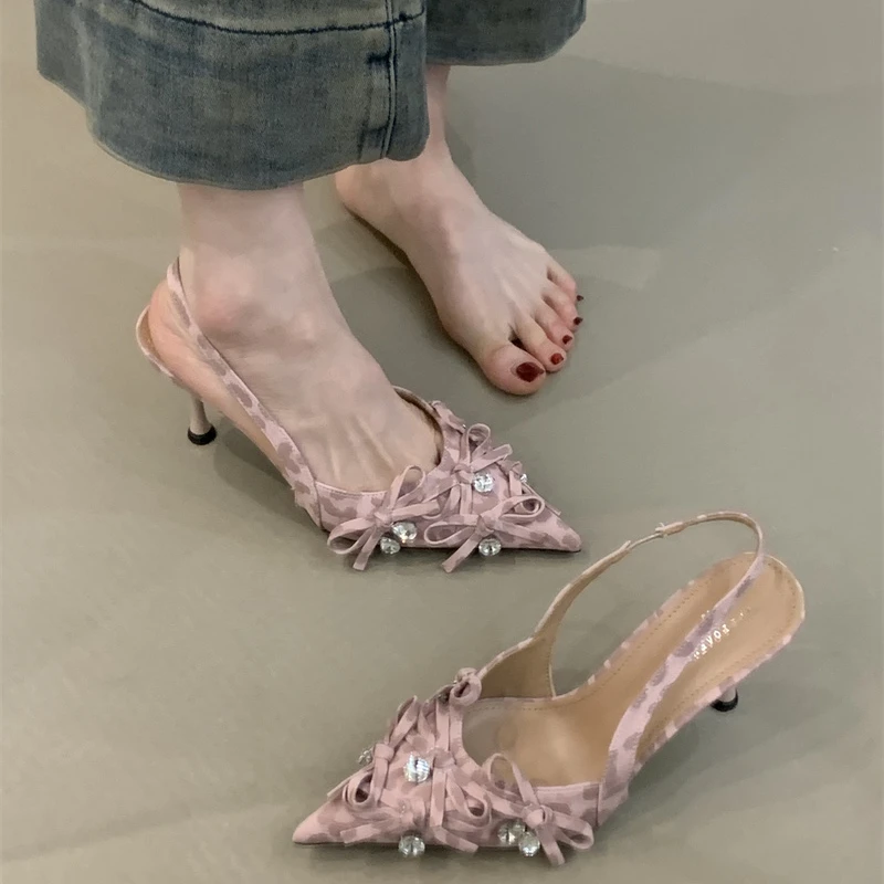 ALQR-777-8法式小众高跟鞋2025年豹纹蝴蝶结水钻尖头细跟包头凉鞋