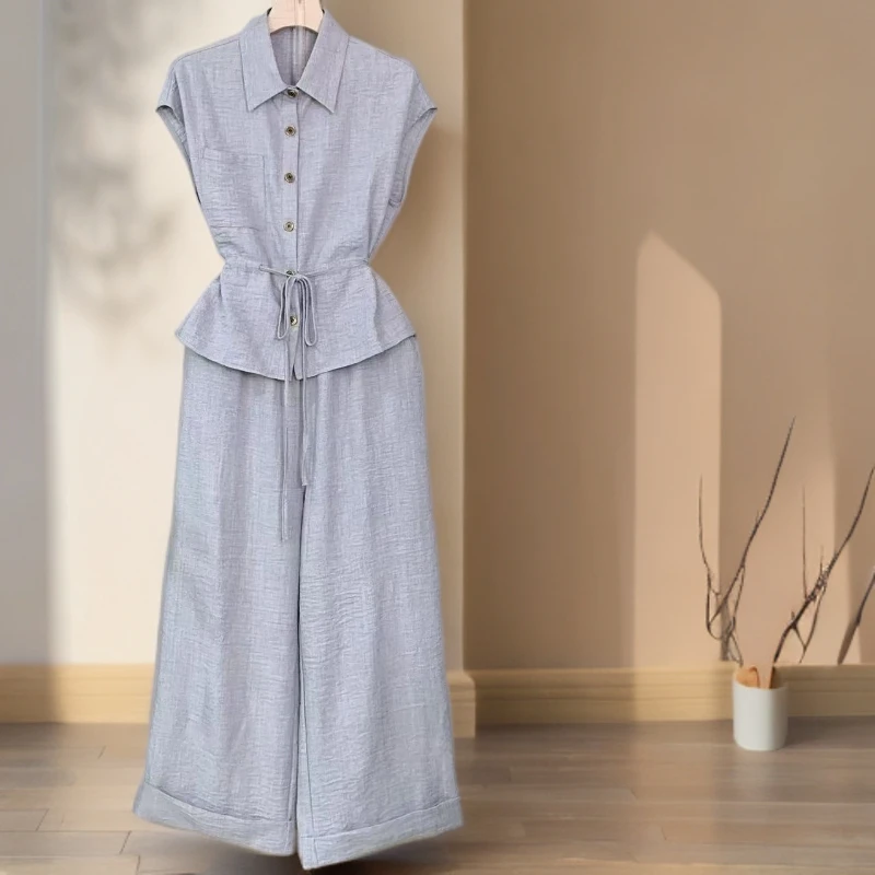 夏季显瘦显白2025新款收腰气质衬衫百搭时尚阔腿裤M117