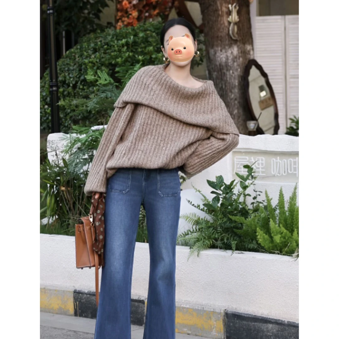 法式一字肩咖色套头毛衣女2025新款秋冬宽松慵懒风露肩针织衫上衣