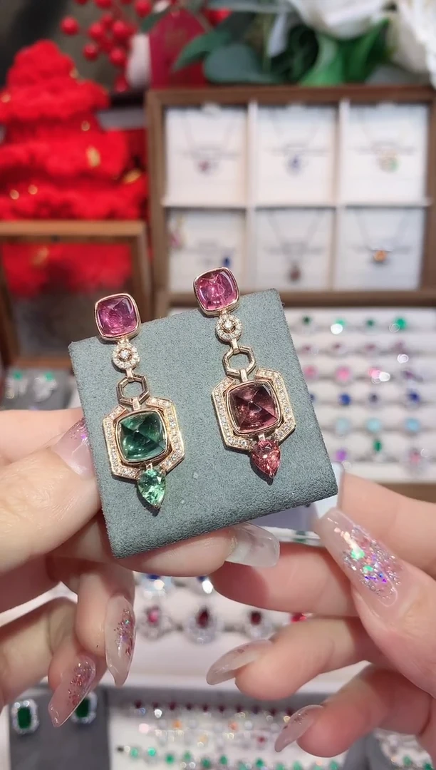 18K金镶嵌耳饰碧玺12.4ct/天然宝石/七天无理由