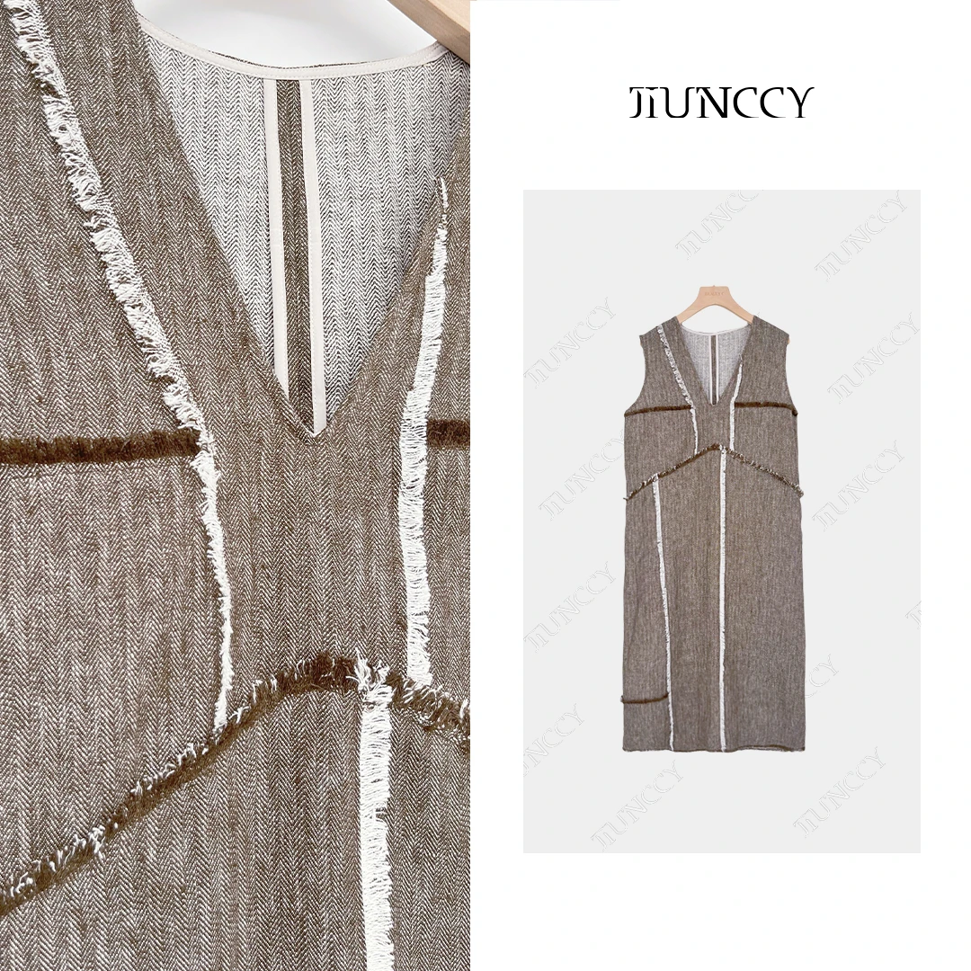 JIUNCCY【棕绪】定制亚麻棉流苏拉毛工艺慵懒风无袖连衣裙 24LYQ067
