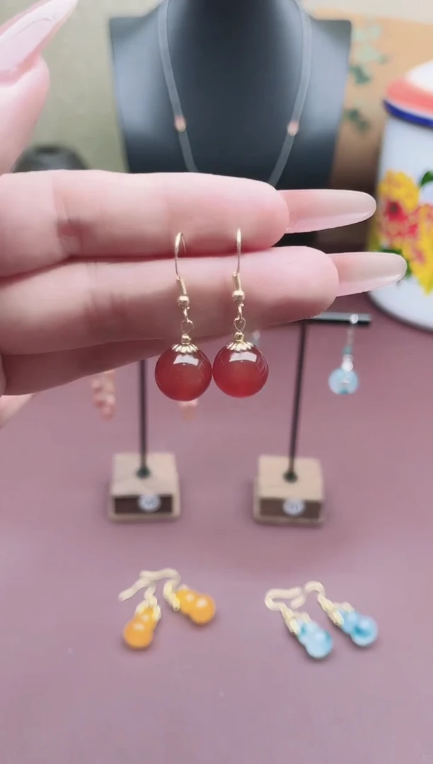 未镶嵌耳饰玛瑙/玉髓00红色单珠12