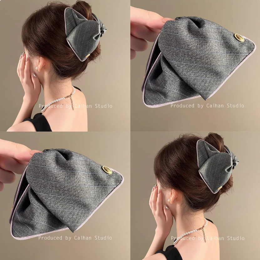 甜漾格调~韩系浅灰布艺三角抓夹女高级感西装面料鲨鱼夹旅行发卡