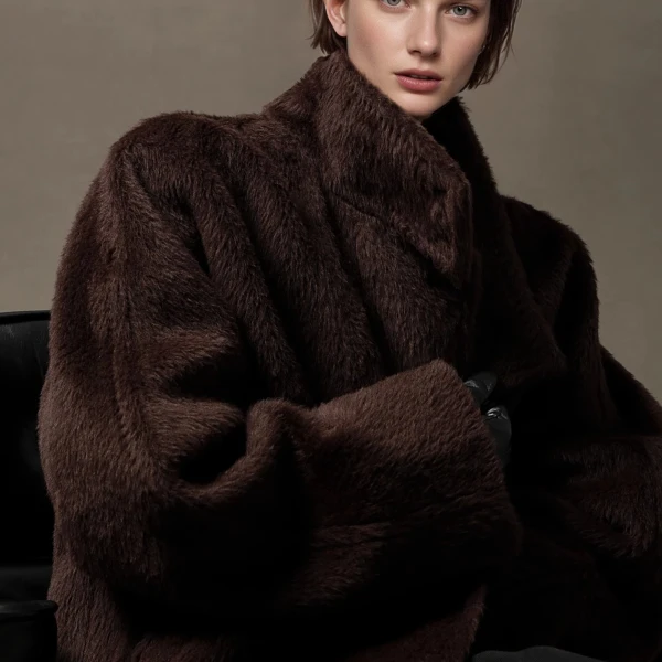 臻一-奢品系列秘鲁苏力羊驼毛大衣女立领中长款外套PI24A0010