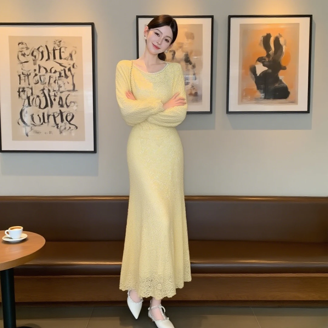 秋季贵气名媛高级感轻奢风显瘦修身款式黄色长袖上衣半身裙两件套