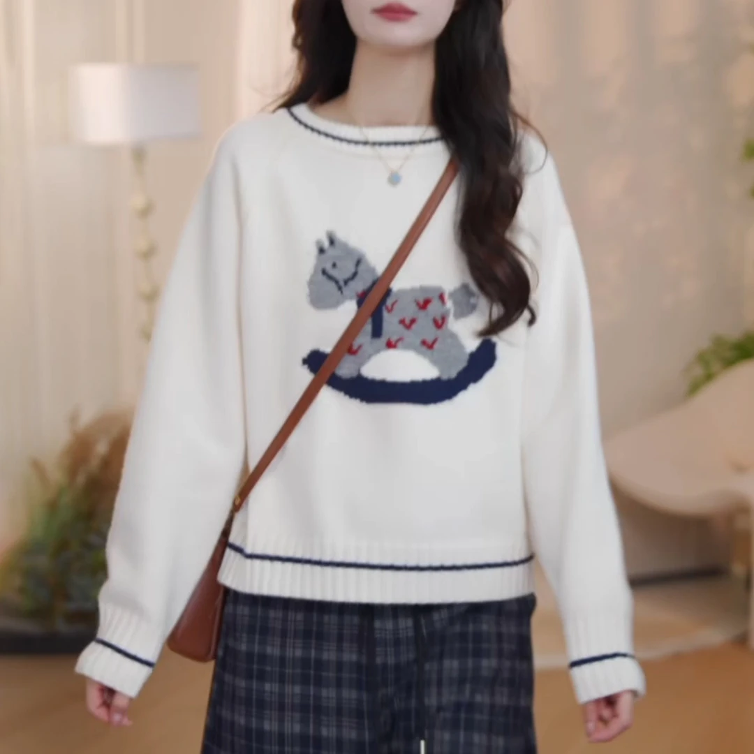 1758秋冬慵懒松弛感百搭显瘦毛衣上衣潮韩系卡通小马提花针织衫女