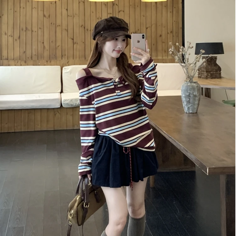 大码休闲套装女秋季别致绝美高级感露肩长袖上衣胖MM半身裙两件套