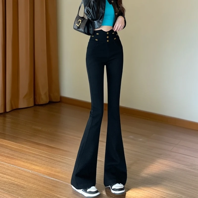 黑色微喇叭裤子女2025春秋新款高腰显瘦修身垂感弹力马蹄喇叭长裤