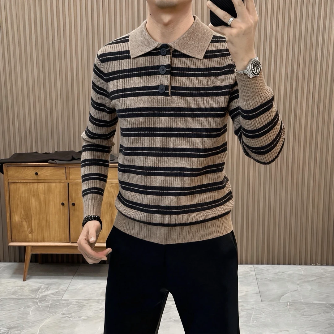 高档新款翻领条纹加厚毛衣男士冬季时尚Polo领针织衫男装上衣613