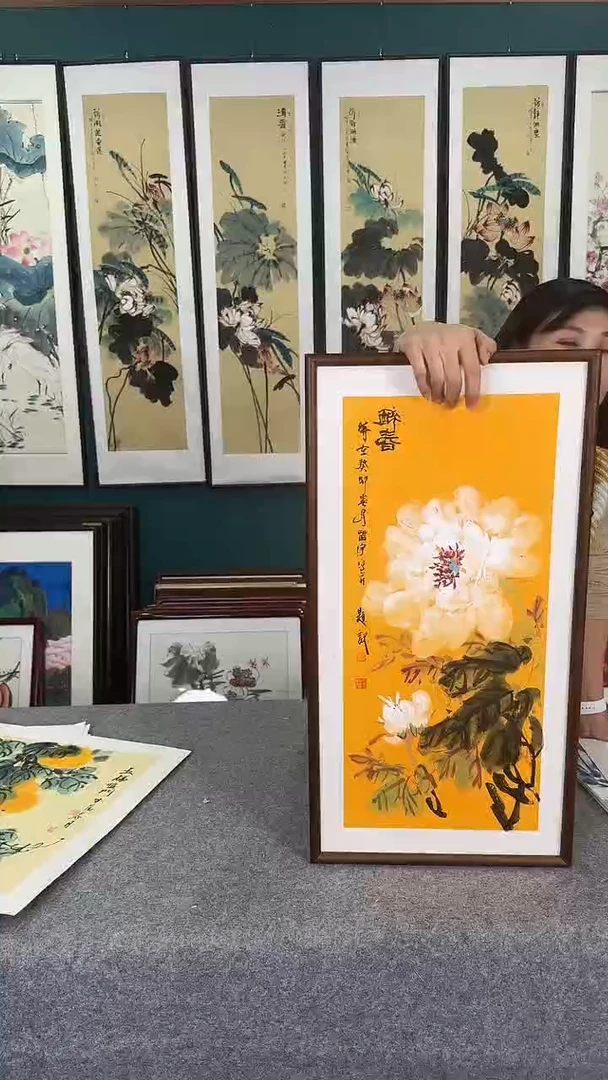 国画牡丹实木装裱35*68