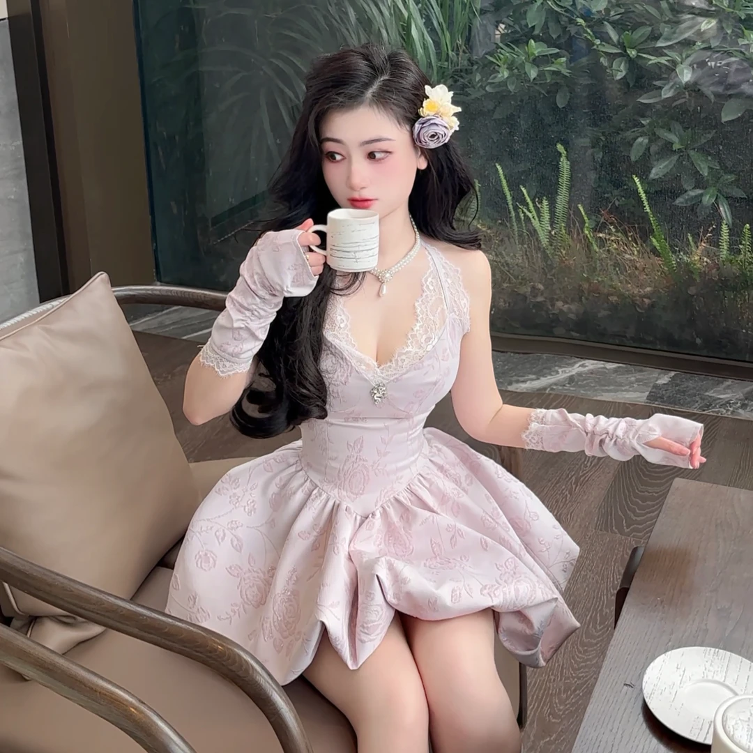 TIANSHA- 纯欲重工细闪蕾丝花边吊带裙子+袖套收腰显瘦辣妹裙