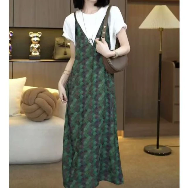 长裙夏季无袖印花短袖短裙连衣裙拼接裙子背带ins风R0568