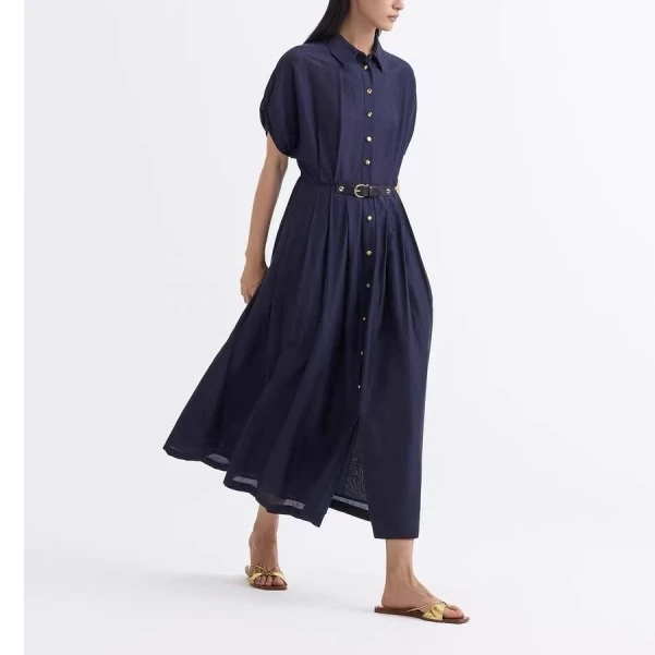 W-1326【秀场同款】夏季短袖衬衫丝棉连衣裙女