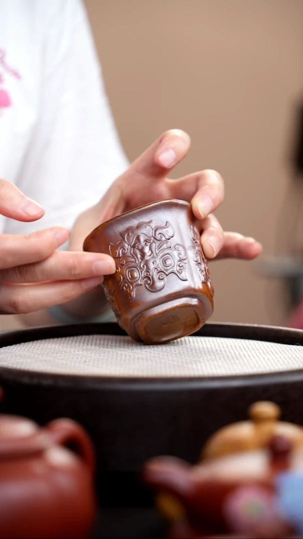 茶壶紫砂柴烧落釉四方纹理杯