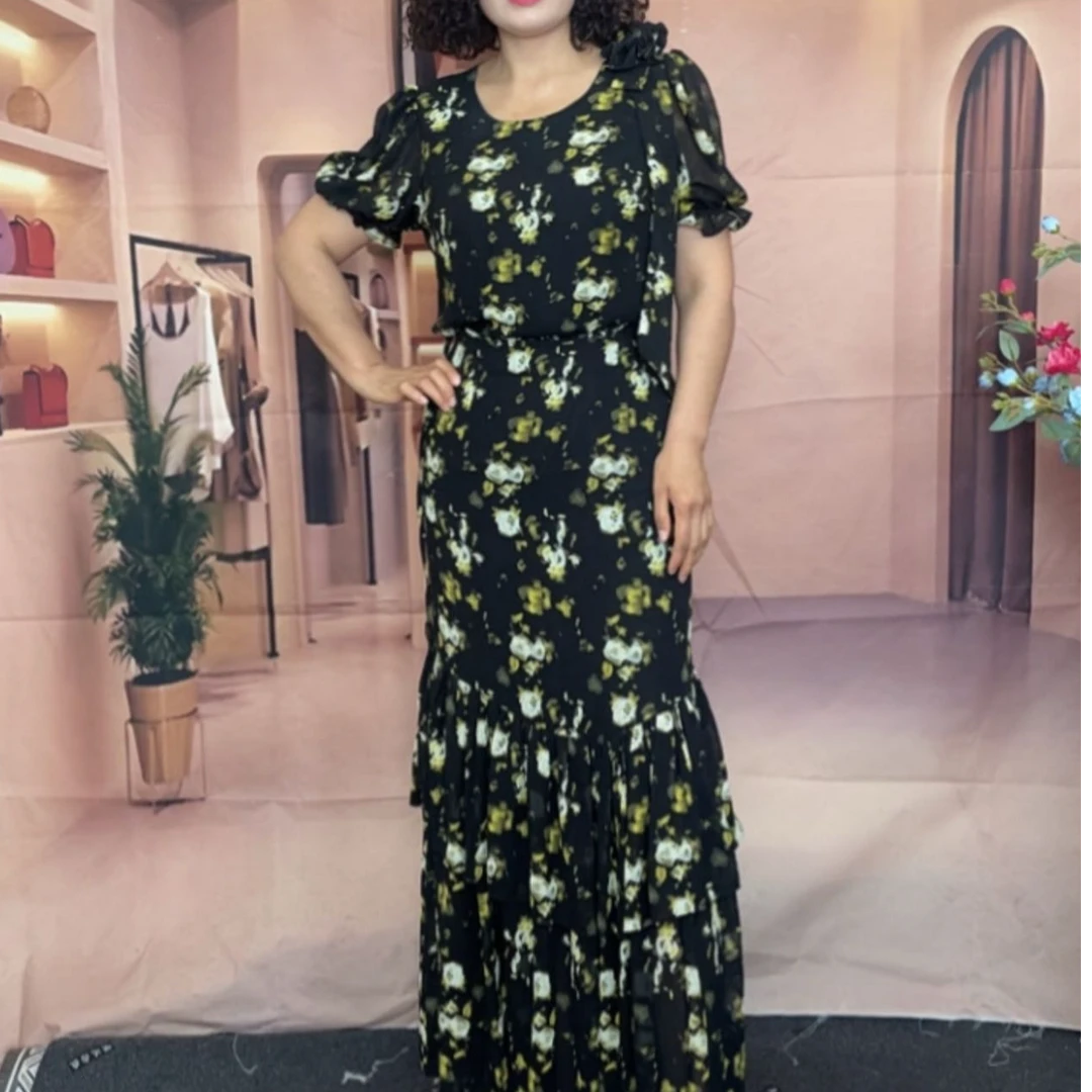 V领高弹力系扣收腰碎花两件套时尚春夏长裙