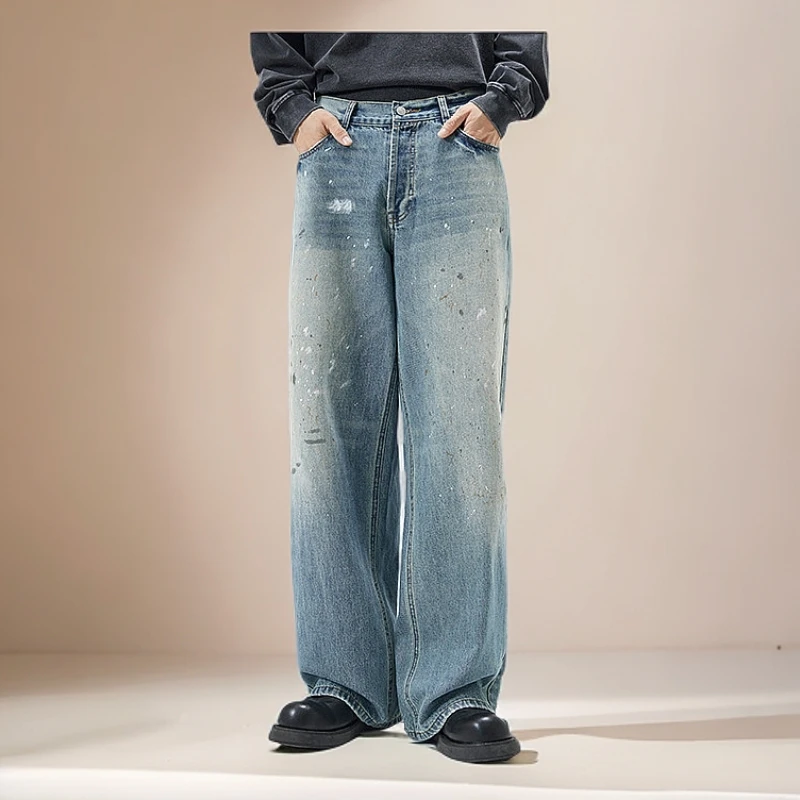 男款男生爆款新款水洗长裤夏季泼墨牛仔裤阔腿裤设计感百搭休闲