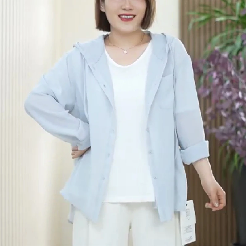 【清凉不粘身】粗粝麻纱格防晒防蚊外套薄款夏季大码连帽空调衫女潮