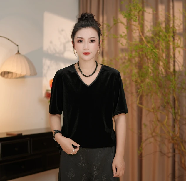 9920女士新款丝绒气质短袖网红时尚百搭小衫