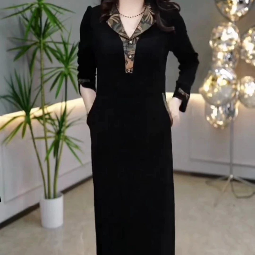 001 新款时尚洋气翻领中长款显瘦百搭气质简约连衣裙女装