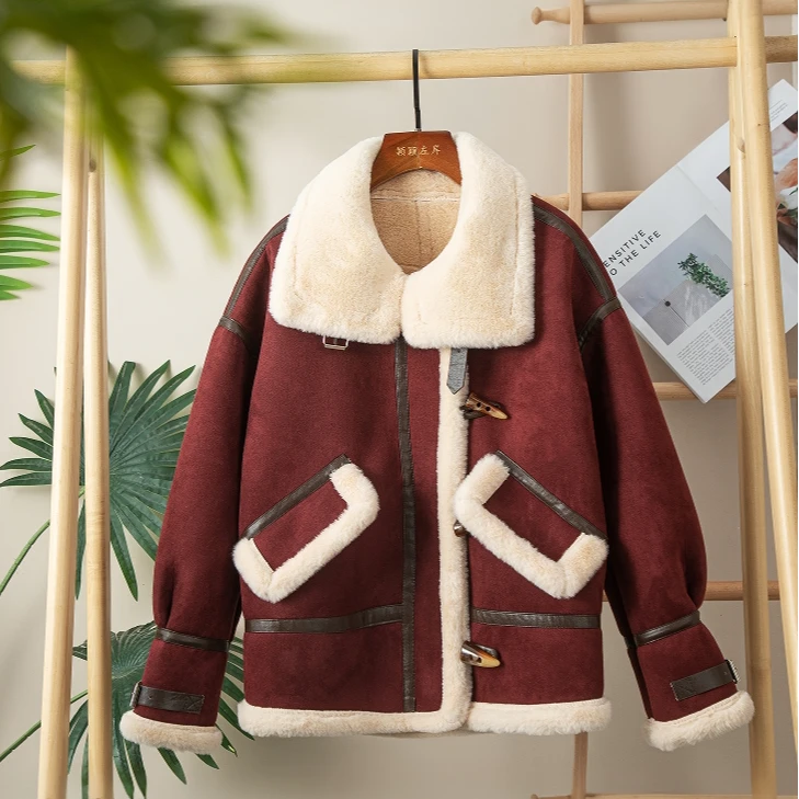 秋冬厚外套加厚皮毛一体机车服外套时尚拼接百搭