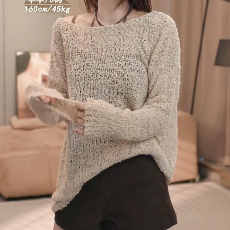 早秋新款韩版宽松显瘦圆领镂空设计长袖针织衫LK2505920