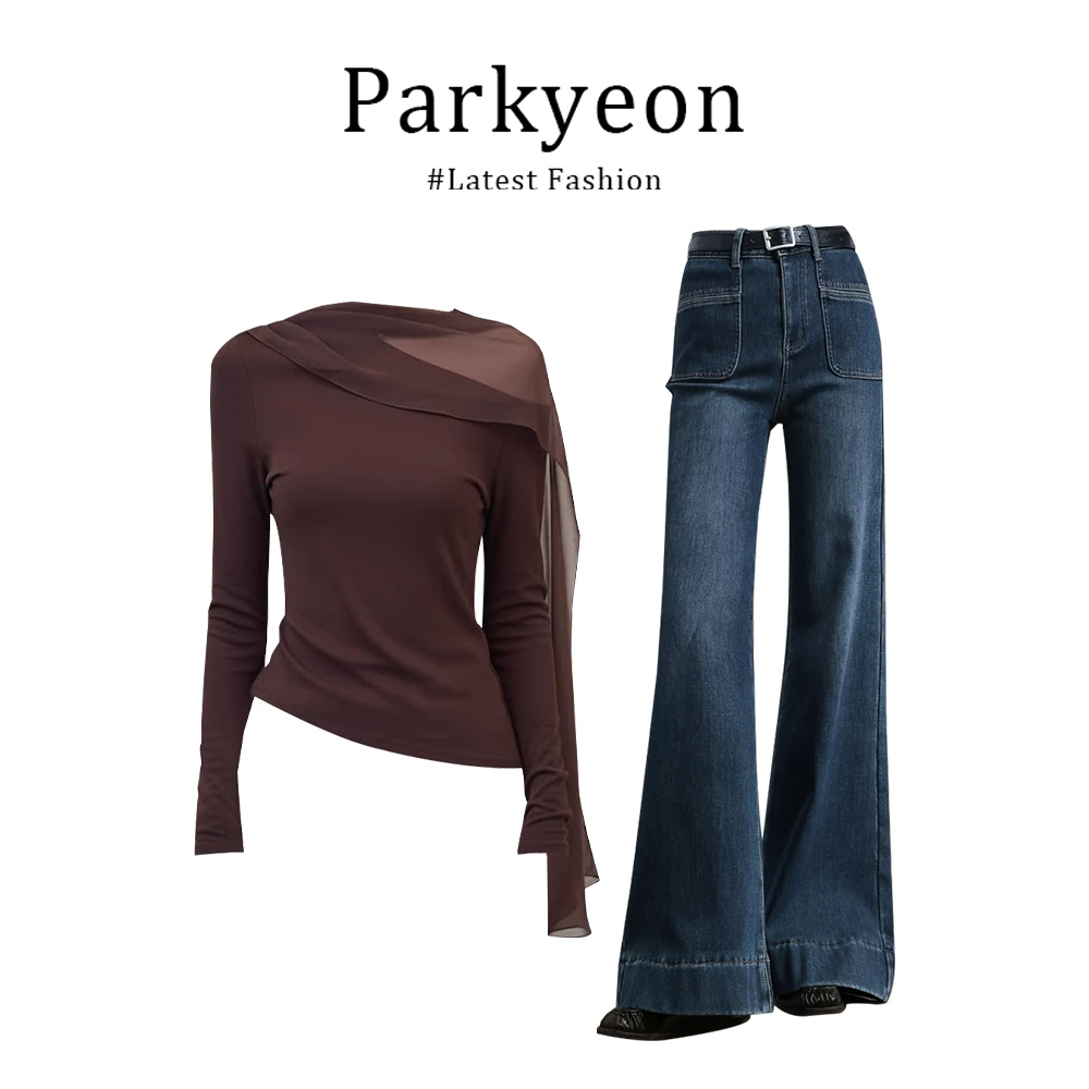 【同款性价比】美拉德风斜肩网纱飘带针织衫加绒加厚牛仔裤冬季套装