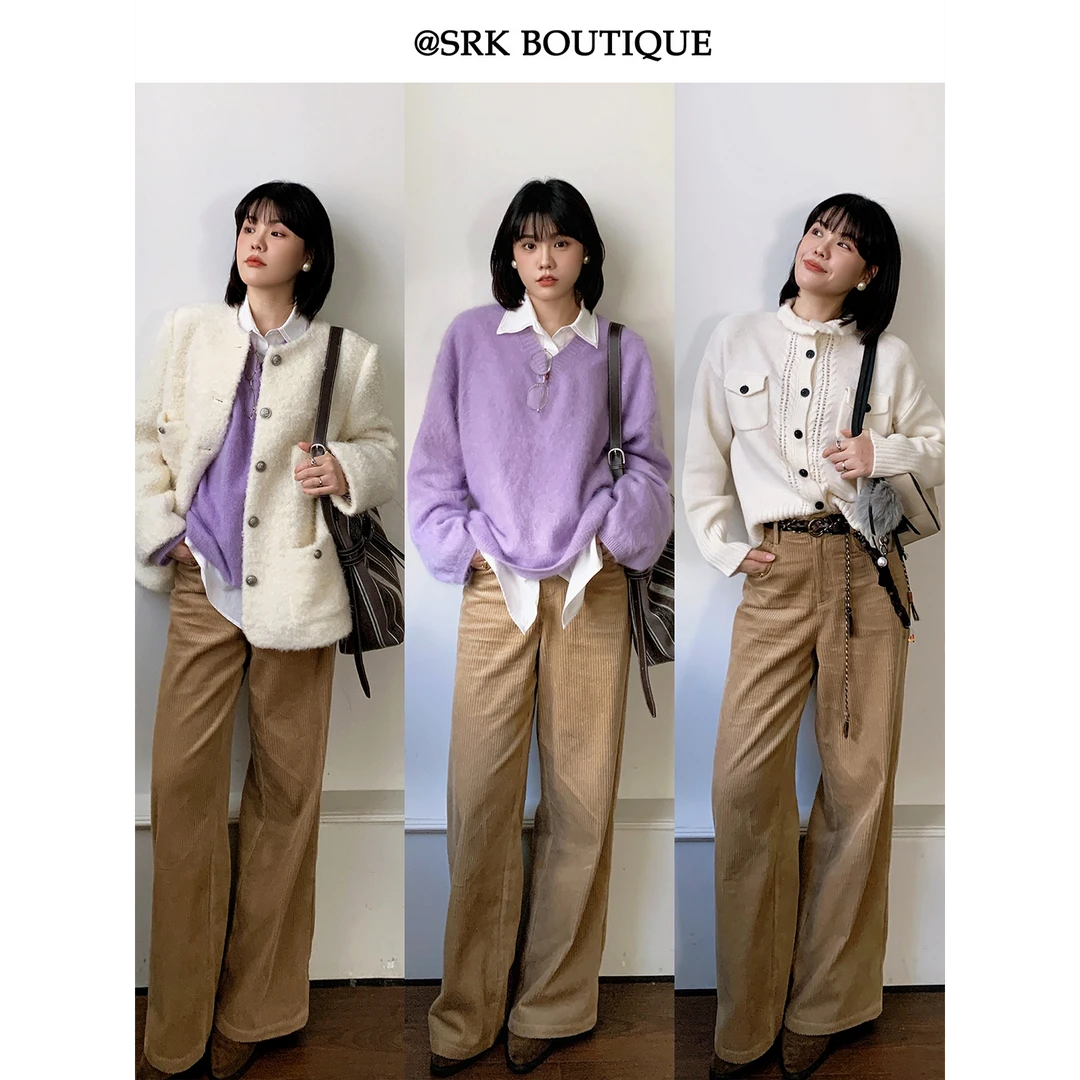 法式松弛感灯芯绒休闲裤高腰遮肉显瘦休闲百搭直筒长裤女S2DW0890