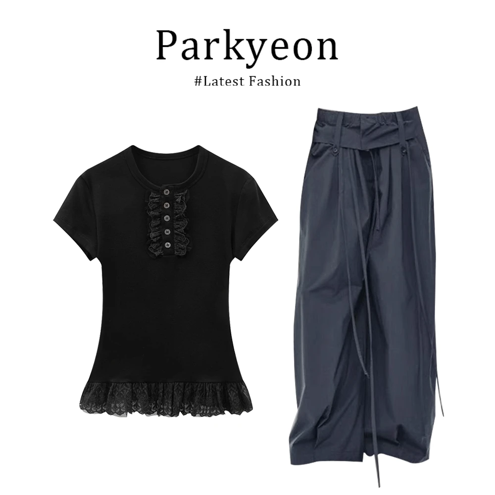 parkyeon2025夏季爆款设计感排扣蕾丝花边上衣阔腿休闲裤两件套装