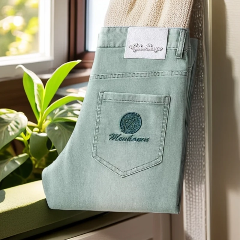 娜罗普西时尚夏季薄款牛仔裤男直筒修身绿色长裤莱塞尔天丝裤子