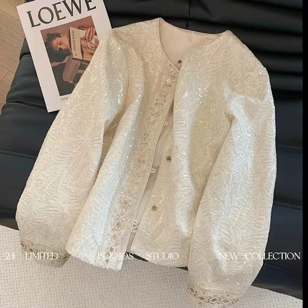 春秋季新款休闲优雅新中式亮片立体刺绣外套圆领设计复古国风女装