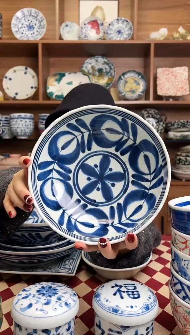 【闪购商品】瓷片蓝海草19cm花边大碗