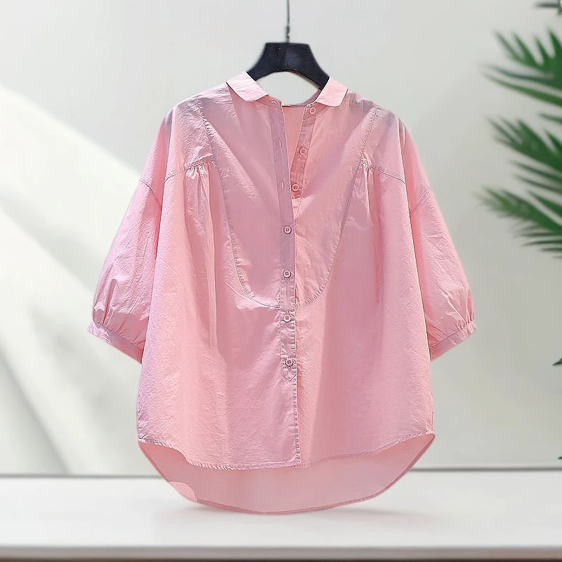 文艺范衬衣女7分袖休闲衬衫2024夏季百搭气质上衣纯棉大码小清新