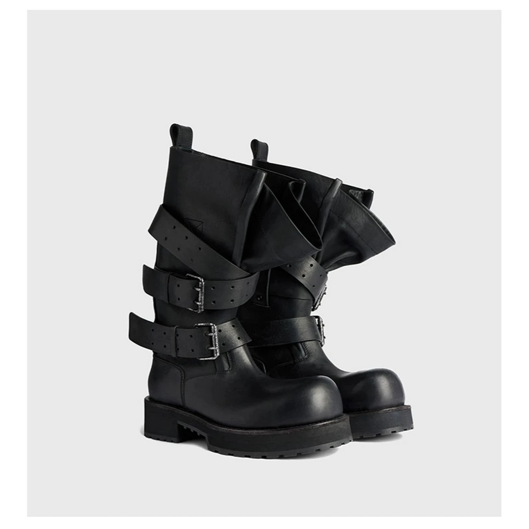 巴家复古皮带扣毒液靴夏季大筒围厚底朋克机车靴