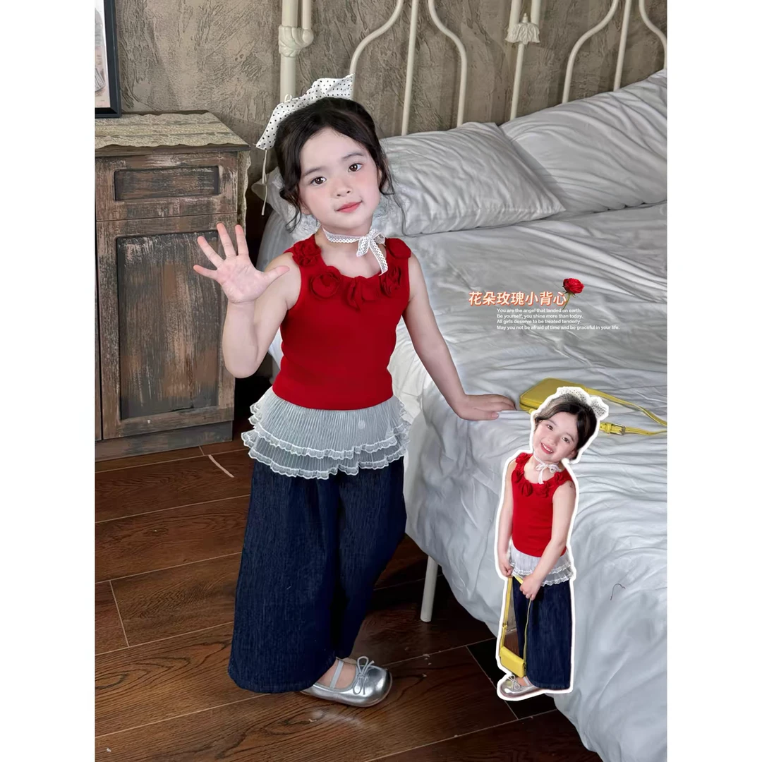 女童套装女童套装2025夏季洋气儿童多巴胺穿搭吊带背心屁帘裤子新