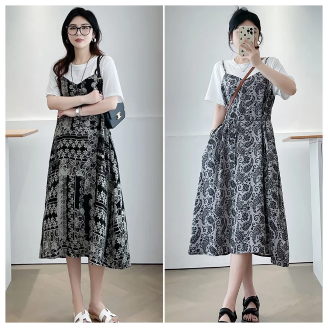 大码女装夏季时尚洋气拼接假两件中长款碎花连衣裙宽松显瘦裙子