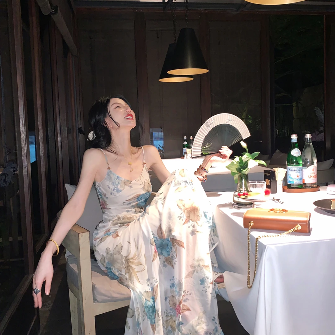 1248青玉花漫国风新中式吊带大花连衣裙夏季中长裙女