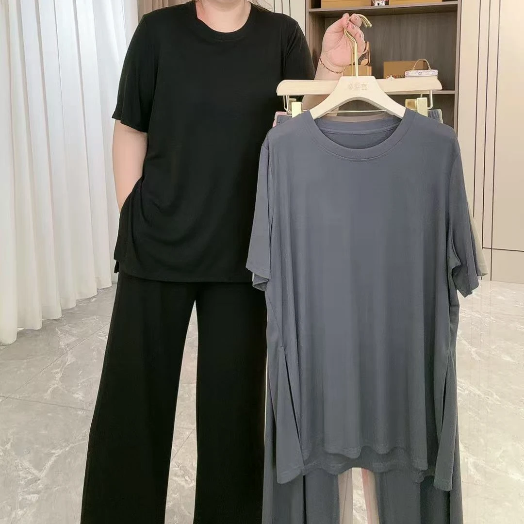3110百搭简约大版T阔腿裤套装（上衣+裤子）